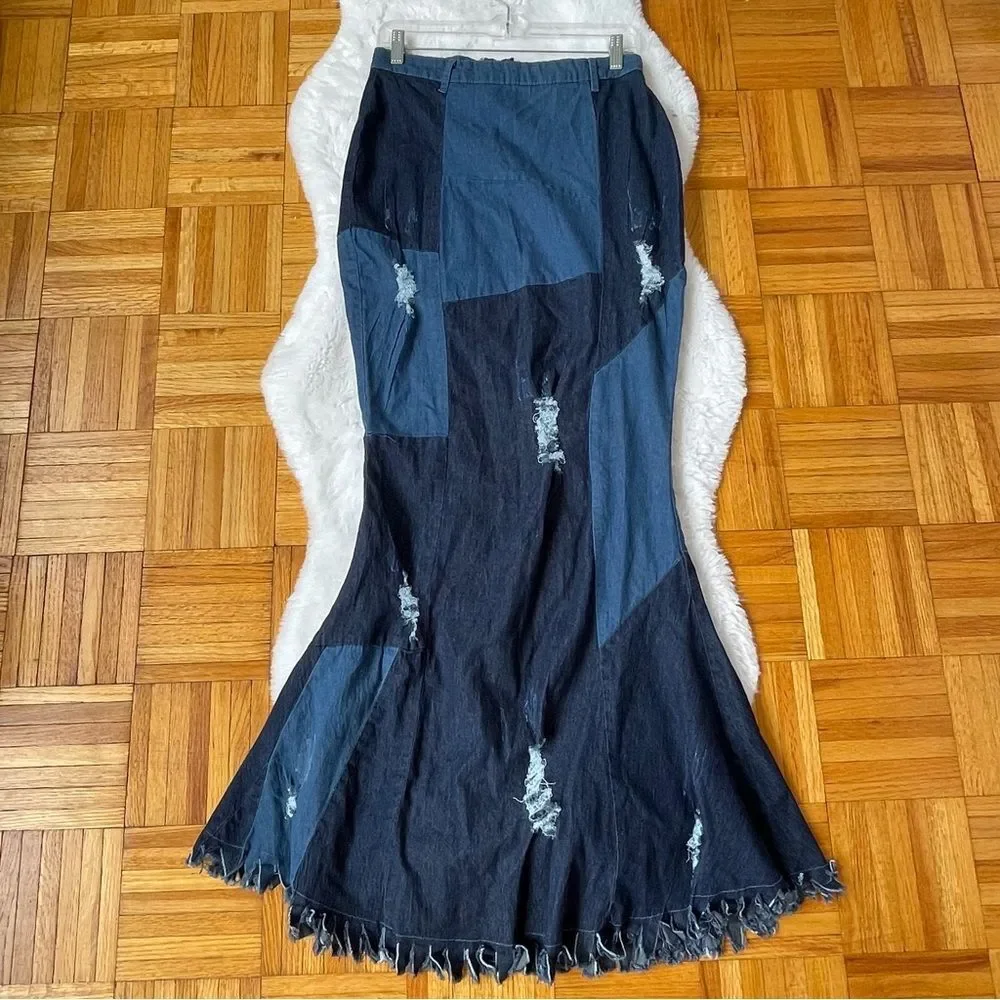 TOUCH ME Patchwork Distressed Denim Jean‎ Maxi Skirt Size large